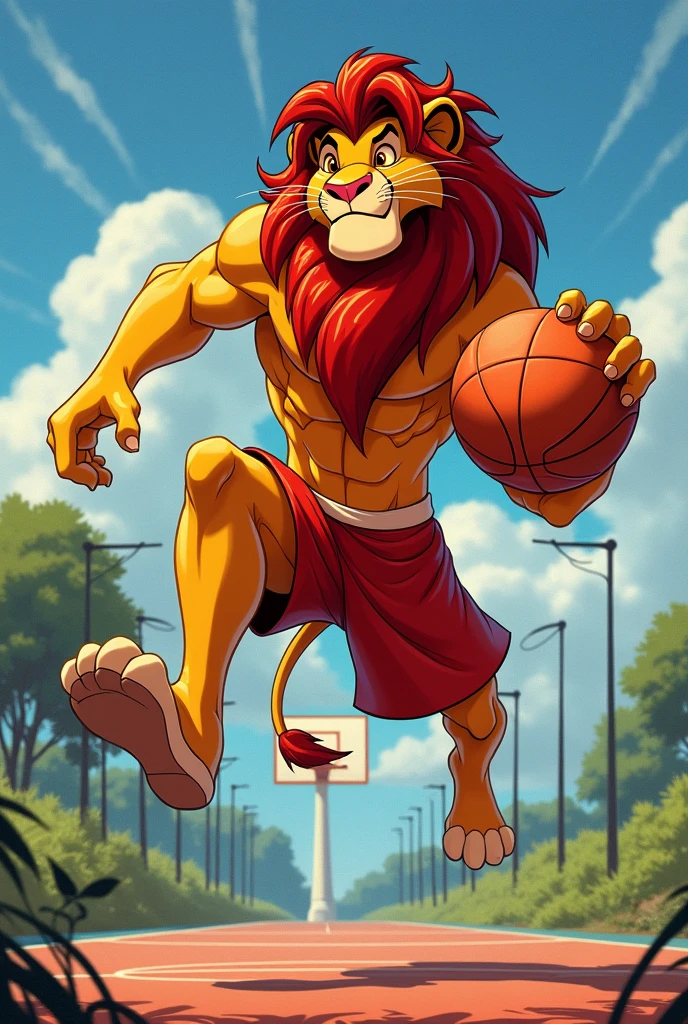 The Lion King Simba, cartoon style, fierce and domineering, true to the original, playing basketball, be more fierce
