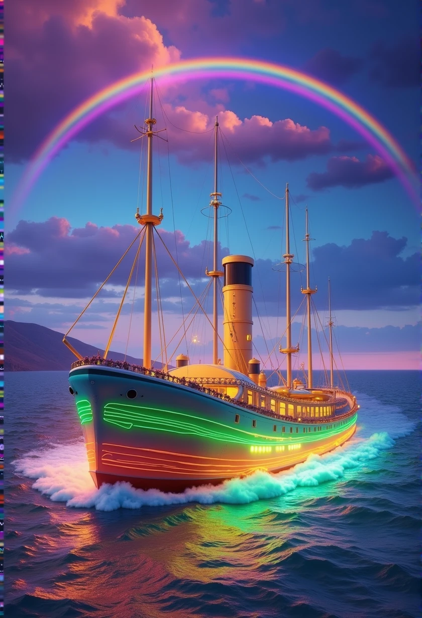 Rainbow colored linear motor car、Linear motor car running on rainbow-colored tracks,colorful,Beautiful views,wonderful景色,Utopia,An atmosphere full of dreams and hope,masterpiece. 16K, Ultra-high resolution, Ultra-high resolution, to be born,wonderful ,future、Iridescent、The world 30 years from now。