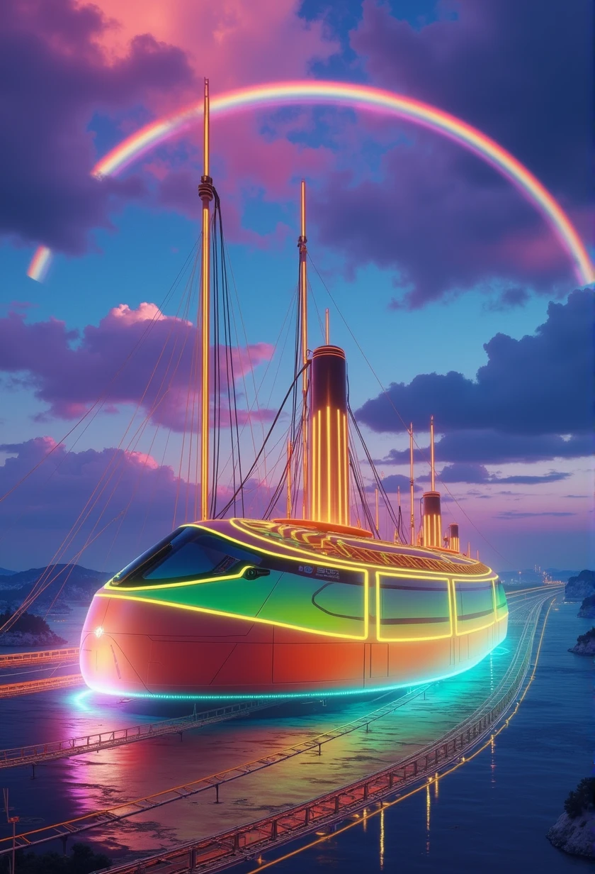Rainbow colored linear motor car、Linear motor car running on rainbow-colored tracks,colorful,Beautiful views,wonderful景色,Utopia,An atmosphere full of dreams and hope,masterpiece. 16K, Ultra-high resolution, Ultra-high resolution, to be born,wonderful ,future、Iridescent、The world 30 years from now。