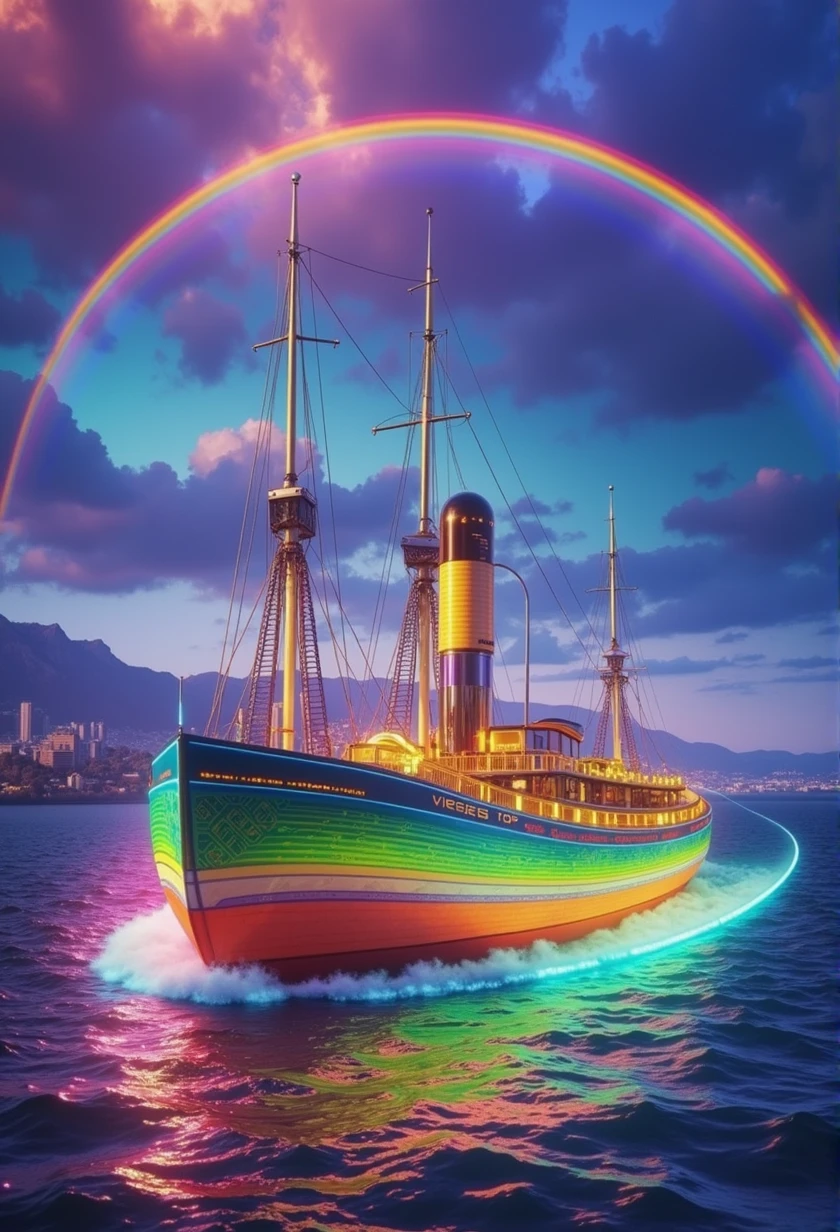 Rainbow colored linear motor car、Linear motor car running on rainbow-colored tracks,colorful,Beautiful views,wonderful景色,Utopia,An atmosphere full of dreams and hope,masterpiece. 16K, Ultra-high resolution, Ultra-high resolution, to be born,wonderful ,future、Iridescent、The world 30 years from now。