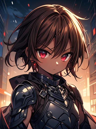 Masterpiece High res, high definition, (((dark skin tone))),dark skin otokonoko, dark skin, cute shota,red eyes, golden hairpin, brown hair, long dark brown hair, black black sleeveless armoured bodysuit, black armoured cheastplate, black Gauntlets,