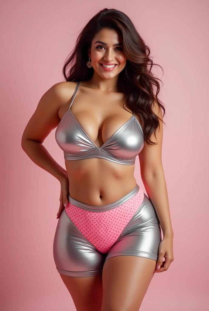 Indian actress kajol sexy, smiling, full frontal standing head to toe pose, fair skin, brown hair, chubby body, topless, wearing shiny silver and pink polka-dots cycling shorts,
