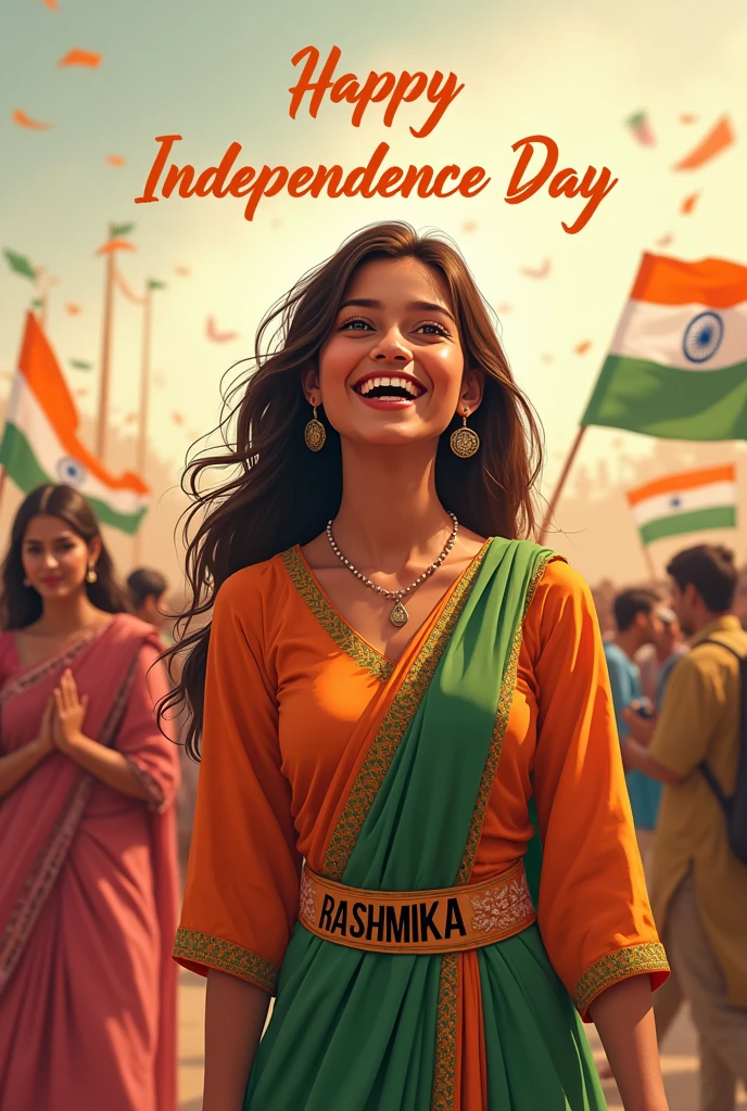 A real 18-year-old girl joyfully celebrates Indian Independence Day, she is wearing traditional Indian outfits with the name “RASHMIKA ” written on her attire. Above her, in the sky, the words “Happy Independence Day” are displayed in a bold font. The backdrop is filled with people celebrating, enhancing the festive and patriotic spirit of the day.