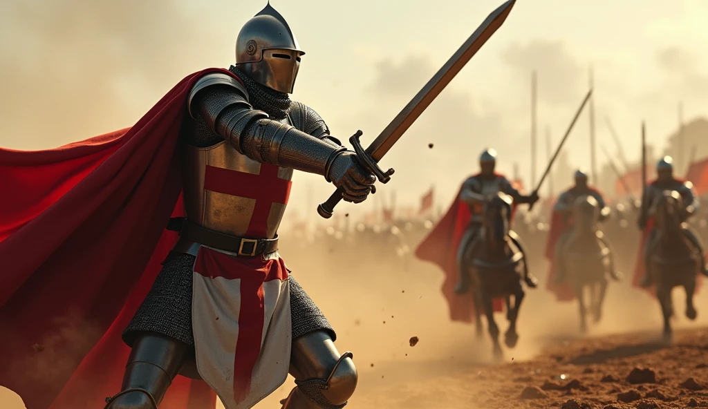 A highly realistic, high-contrast, 8K HD, detailed, hyper-detailed image of the Crusader knight from the provided image, delivering a powerful, single blow that fells an enemy on the battlefield. The knight, clad in steel armor with a red cross on his tunic, wields his sword with precision and overwhelming strength. The enemy, caught off guard by the sheer force of the strike, is struck down in a single moment. The battlefield is filled with the chaos of war—dust, blood, and the clashing of steel—but the focus remains on the knight's decisive action. The dramatic lighting highlights the gleam of his armor and the intensity of the strike, capturing the power and skill of the Crusader as he dominates the battlefield. The image is of the highest quality, with ultra-high resolution, RAW photo quality, and Unreal Engine rendering, showcasing the Crusader knight's formidable prowess as a warrior.