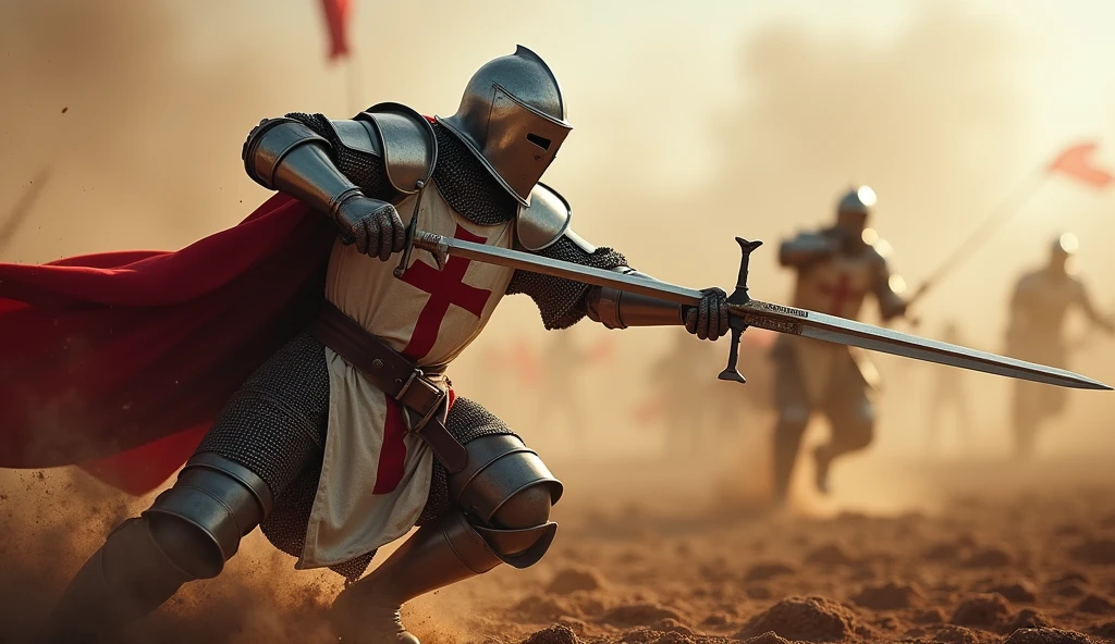 A highly realistic, high-contrast, 8K HD, detailed, hyper-detailed image of the Crusader knight from the provided image, delivering a powerful, single blow that fells an enemy on the battlefield. The knight, clad in steel armor with a red cross on his tunic, wields his sword with precision and overwhelming strength. The enemy, caught off guard by the sheer force of the strike, is struck down in a single moment. The battlefield is filled with the chaos of war—dust, blood, and the clashing of steel—but the focus remains on the knight's decisive action. The dramatic lighting highlights the gleam of his armor and the intensity of the strike, capturing the power and skill of the Crusader as he dominates the battlefield. The image is of the highest quality, with ultra-high resolution, RAW photo quality, and Unreal Engine rendering, showcasing the Crusader knight's formidable prowess as a warrior.