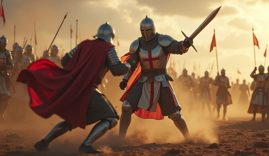 A highly realistic, high-contrast, 8K HD, detailed, hyper-detailed image of the Crusader knight from the provided image, delivering a powerful, single blow that fells an enemy on the battlefield. The knight, clad in steel armor with a red cross on his tunic, wields his sword with precision and overwhelming strength. The enemy, caught off guard by the sheer force of the strike, is struck down in a single moment. The battlefield is filled with the chaos of war—dust, blood, and the clashing of steel—but the focus remains on the knight's decisive action. The dramatic lighting highlights the gleam of his armor and the intensity of the strike, capturing the power and skill of the Crusader as he dominates the battlefield. The image is of the highest quality, with ultra-high resolution, RAW photo quality, and Unreal Engine rendering, showcasing the Crusader knight's formidable prowess as a warrior.