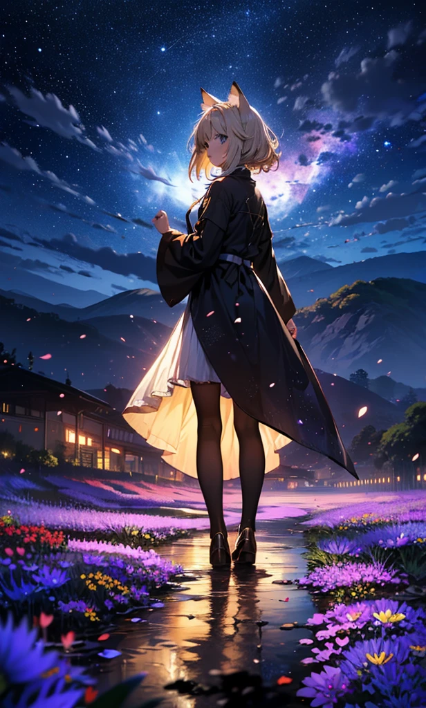 1people々々,Woman with medium length blonde hair,Cat ear,Long coat,Takageta, Dress Silhouette, Rear View,Space Sky, Flower Field,Countless meteor showers,Colorful flowers,Dancing Petals,