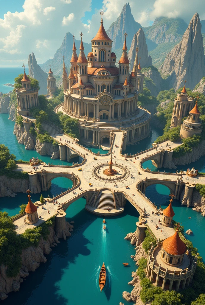 city formed by six outer circles (islands) that are connected by long bridges to a central plaza with inner canals

