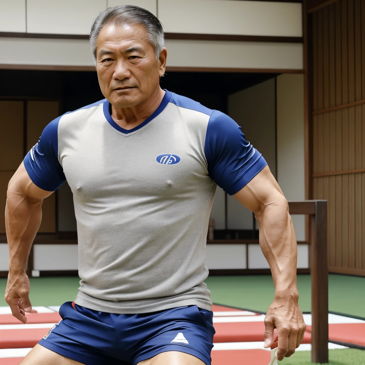A 63-year-old former Japanese rugby player with thinning hair, A little hairy, very short stubble, Dullness, A muscular Japanese man wearing a t-shirt and shorts、nipples are inconspicuous、ワークアウトをしている