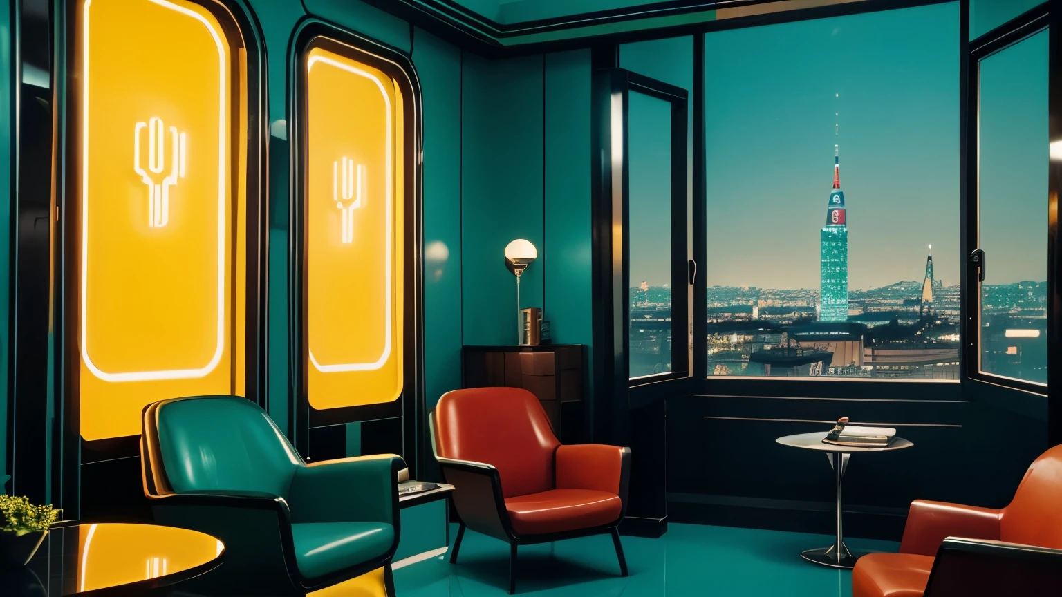 4k image from a 1960s science fiction film by Wes Anderson, Filme O Grande Hotel Budapeste, city with a blue, red, green and yellow neon colors vibrant at night through a window, big city retro futuristic neon, blade runner style, Retro-futuristic from the 60s with old robots, Luz Natural, Psicodelia, futurista estranho, retro-futurista, photo-realistic, blurred background, solitude, sadness, lonely man stiing in a chair in a right side of the composite, a misterious man with his back inside an room with a view of a skyscraper, leather armchairs,