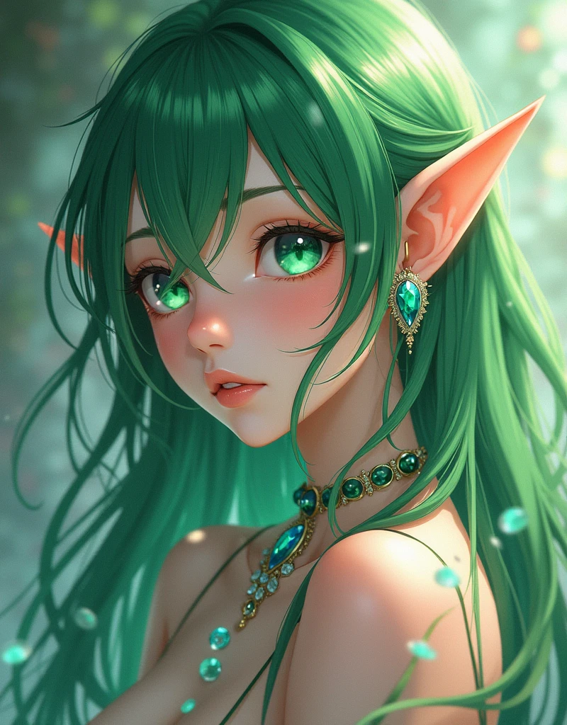 Leina, deviation, animated, anime elf ears girl, green hair and resplendant green eyes, colorful iridescent, aesthetic, osyare kei, mori kei, The Glitter of Gemstones, Pretty and delicate and beautiful, elf ears, painting, The Aesthetics of Hand-Drawn Illustrations, abstract, Unrivaled masterpiece, Superlative quality, high definition detail, i can't believe how beautiful this is, This is beyond human understanding, pseudo-realistic, meticulous photorealistic still lifes, Micro lens, 4k OLED, 10 million pixels, digitally enhanced, heavy shading, low depth of field, exquisite, elf ears --s 1000 --ar 16:9
