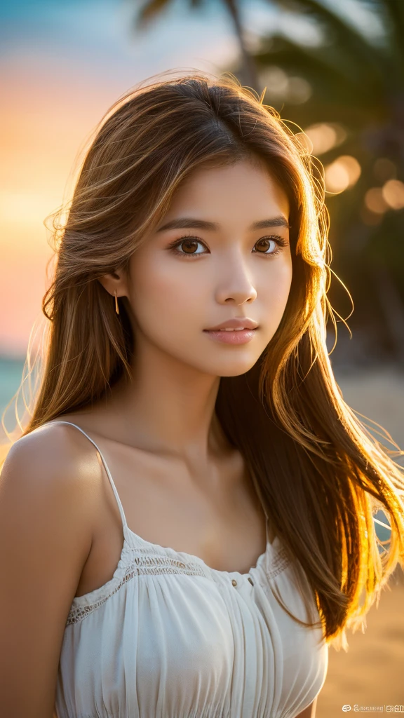 A cute asian girl with long brown hair in a long white dress and denim dress, walking on a tropical beach, (best quality,4k,8k,highres,masterpiece:1.2),ultra-detailed,(realistic,photorealistic,photo-realistic:1.37),highly detailed face and eyes, beautiful detailed eyes, beautiful detailed lips, extremely detailed eyes and face, long eyelashes, natural lighting, golden hour, warm colors, ocean waves, sandy beach, palm trees, dramatic sky