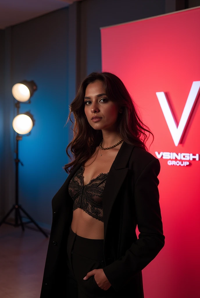 Create a model shoot which has a poster in the back with brand "Vsingh Group"
