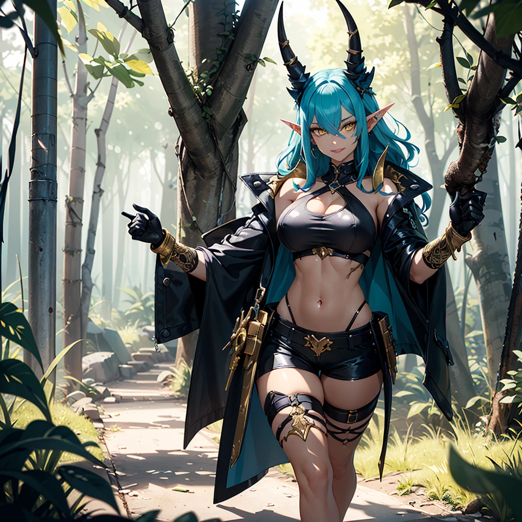 ((best quality)), (detailed), 1 women big pornstar dark barbarian class, 8k_wallpaper, extremely detailed eyes, (large masterpiece digital art), (intricate details:1.3 ), (ultra-detailed:1.3), (sharp focus:1.3), (natural lighting:1.05), (vivid colors:1.3), (best quality:1.4), expressive eyes, full body, detailed face, beautiful face, perfect face, ((hair sandy white curls)), ((gold horns)), (gold eyes), {{dark skin}}, ({dark skinned female}), big breasts, huge chest, powerful relief muscles of the abdomen and legs, powerful strong muscles of the arms, belly piercing with blue emeralds, cruel predatory and cold-blooded arrogant look and smile, an open blue coat with rolled up sleeves, a translucent yellow crop top very clear outlines of huge pointed nipples with large piercings under the fabric, steel combat pauldrons, steel bracers and leather gloves, leather shorts under which I can see the clear outlines of a wet vagina, walks along the path against the backdrop of a ruined elf village and flowering vines and wild forests, style dark fantasy and adventure fantasy world,