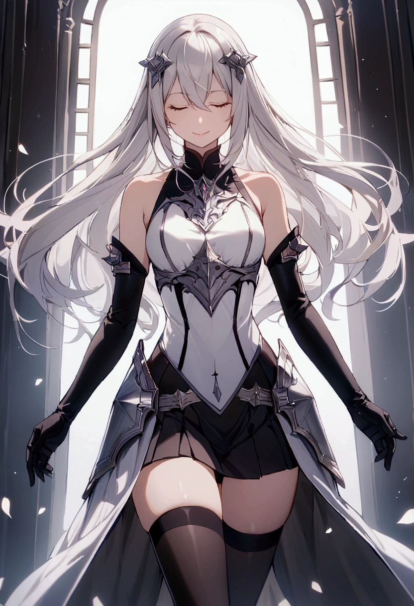slender, mature female,rating:safe, 1girl, solo, thighhighs, gloves, elbow_gloves, bare_shoulders, black_legwear, black_gloves, breasts, long_hair, skirt, closed_eyes, closed_mouth, standing, small_breasts, zettai_ryouiki, white_hair, silver_hair, bangs, leotard, hair_between_eyes, smile, legs_apart, miniskirt, detached_sleeves, armored_dress, hair_ornament,