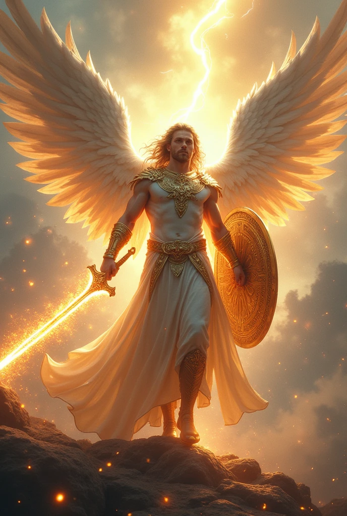 a male angel, clothed in celestial garments, with a fiery sword in one hand and a shield in the other, and in a battle stance