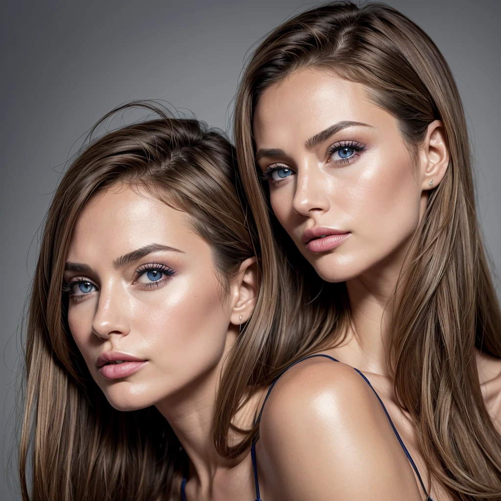 Two 22 year old girl BDSM models, light hair.  Facing viewer, dark theme, soothing tones, muted colors, high contrast, (natural skin texture, hyperrealism, soft light, sharp) glamour magazine