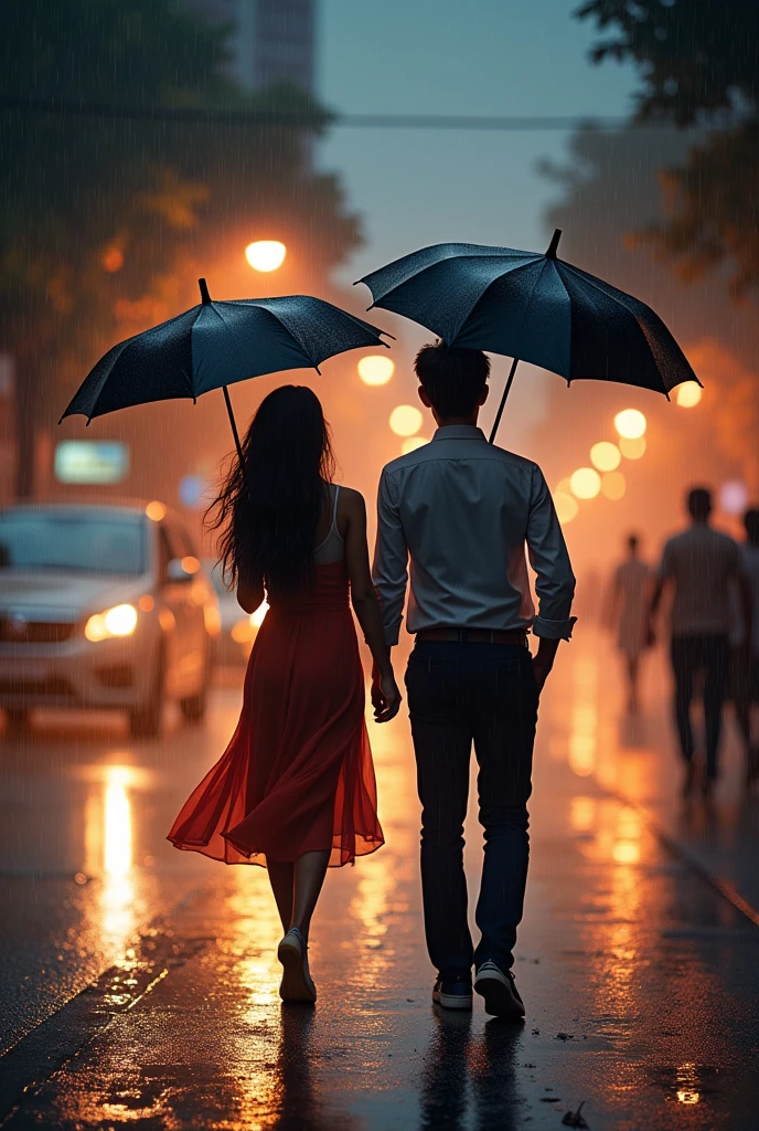 there is a scene of a couple with long hair holding umbrellas walking through the rainy streets of Saigon. The soft city lights reflect on the wet road surface, creating a romantic and nostalgic atmosphere. The couple's body language conveys a sense of closeness and protection, symbolizing solidarity and a moment of sharing amidst the soft sound of rain. The artist is skilled at conveying a combination of love, urban beauty and peace in moments of togetherness.