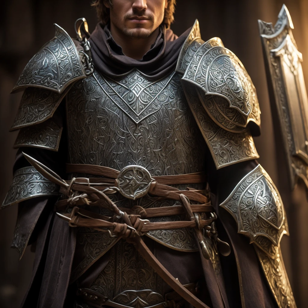 Create a detailed image of a single human cleric from the War Domain in Dungeons & Dragons. The cleric should have white skin with a light tan from the sun and short black hair. They are wearing chain mail armor, which is metallic and covers the torso and shoulders. The cleric carries a well-crafted wooden square shield that is sturdy and well-detailed, and wields a simple mace, which is one-headed and robust. Additionally, the cleric has a light crossbow strapped to their side. The cleric is posed in a combat or defensive stance, showing strength and readiness. Their facial expression should be determined and focused, reflecting discipline and devotion. The background should subtly suggest a battle or training environment, but keep the focus entirely on the single cleric. Use lighting to highlight the details of the armor and shield, emphasizing the cleric’s warrior appearance