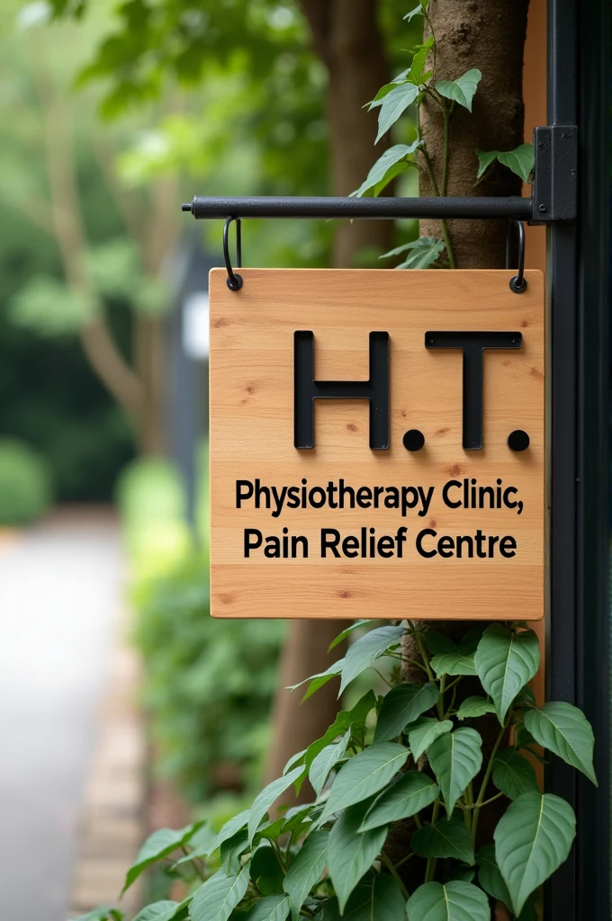 Imagine a Clinic Name H.T Physiotherapy Clinic & Pain Relief Centre written on simple board in design