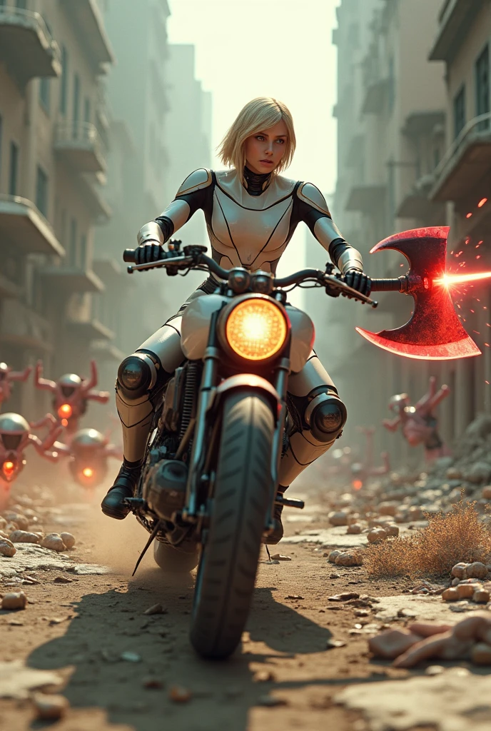 (masterpiece, Highest quality, shape, Subtle details, 8k:1.2),(Highly detailed CG Unity 8k wallpaper), (Highest quality), (Best illustrations), (((A slender adult woman wearing a futuristic full-body pilot suit:1.2))),(((Height3An adult woman wearing a meter-tall Skeletonics:1.2))),(((Skeletonics is riding a flying motorcycle:1.2))),(((Skeletonics is holding the left handlebar of the flying motorcycle with her left hand:1.2))),(((Skeletonics is wielding a massive battle axe with a colossal axe attached to its right hand.:1.2))),A dynamic 3D digital image of a slender blonde adult woman in her 30s with a sleek bob hairstyle, wearing a futuristic full-body pilot suit. She is piloting a 3-meter-tall exoskeleton (Skeltonics) while riding a futuristic flying bike, gripping the bike's controls with her left hand. The scene is set in a post-apocalyptic city, with the bike flying just above the ground near crumbling buildings. The Skeltonics' right hand is wielding a large battle axe, its blade glowing with red flashes, mid-swing as it slices through a grotesque alien creature, cutting it clean in half. The atmosphere around the exoskeleton is filled with numerous other bizarre and menacing creatures, all lunging toward the Skeltonics. The entire scene is filled with speed, action, and intensity, with debris and motion blur conveying the fast-paced chase and battle. The lighting and shadows enhance the chaotic, high-stakes battle in the ruined cityscape.,A highly detailed 3D digital image featuring a slender blonde woman in her 30s with a sharp bob haircut, wearing a futuristic, full-body pilot suit. She is seated in a 3-meter-tall exoskeleton known as Skeltonics, piloting a flying motorbike just above the cracked, debris-laden ground of a ruined, post-apocalyptic city. With her left hand, she controls the bike, while her right hand, encased in the exoskeleton, raises a massive battle axe glowing with red light. The axe is caught mid-swing, slicing a monstrous alien creature in half, with vibrant sparks and red flashes emanating from the blade. Surrounding the Skeltonics and bike, many grotesque and twisted alien creatures leap and attack, their sharp claws and distorted limbs aiming at the woman and her machine.