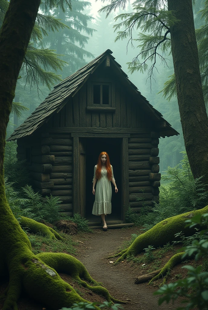 Girl leaving an old house in the woods