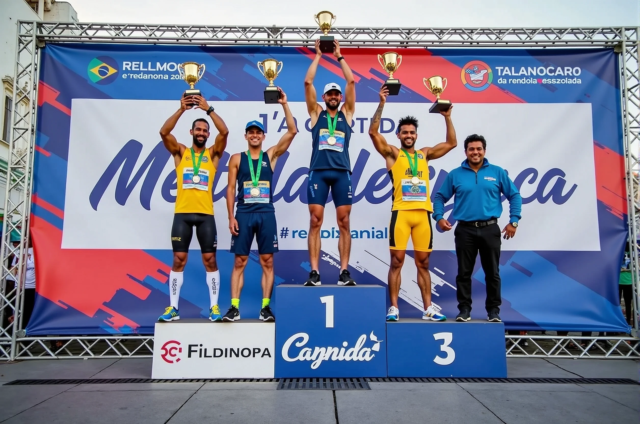 A high-quality photo of three Brazilian athletes standing on a podium during a marathon award ceremony in the daytime. The athletes are wearing colorful athletic gear and medals around their necks, proudly holding trophies above their heads with expressions of joy and accomplishment. The podium is marked with the numbers 1, 2, and 3, indicating their respective positions. The background features a large banner with the text "1ª Corrida Metelurgica" prominently displayed, along with the event’s sponsors. The scene is lively, with spectators and event staff visible, and the overall atmosphere is celebratory and triumphant.