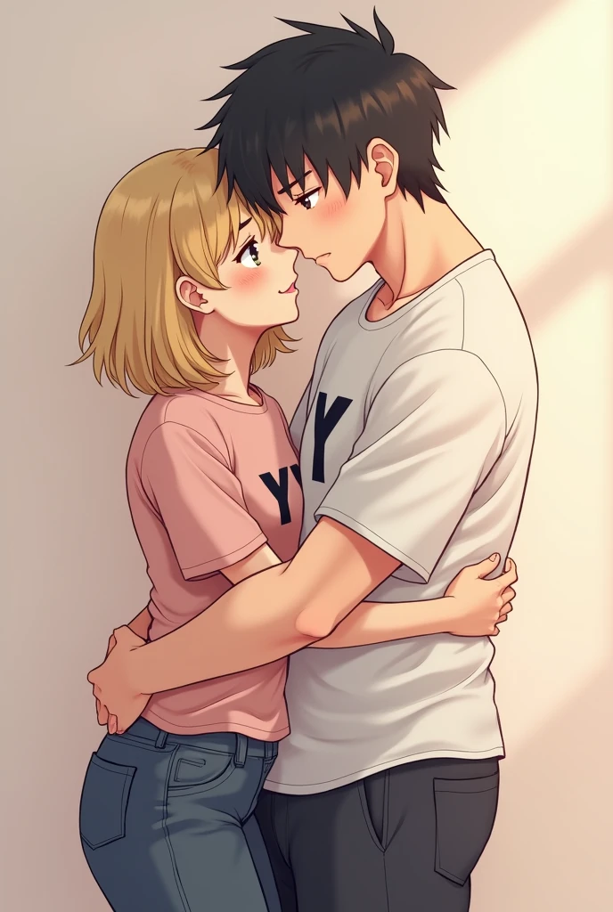 Anime-style image of a couple hugging, blonde woman, Medium hair, pretty with letter Y on her shirt,black hair man, fat guy ,The man with the letter N on his shirt and the woman with the letter Y on her shirt