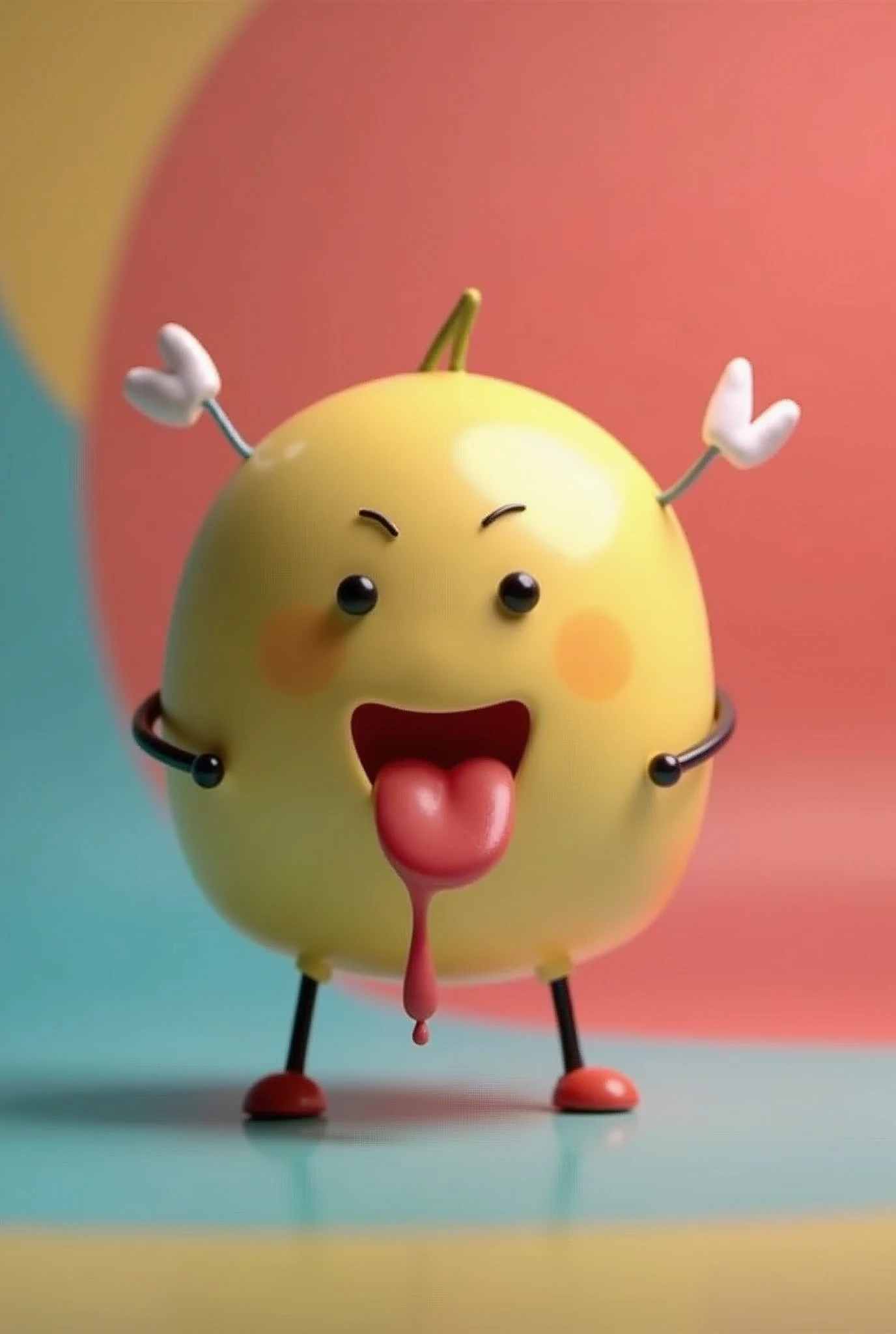 an animated profile picture of a very simple face that has 2 dots for eyes and a tongue sticking out with visualized bits of spits coning out, colorful background