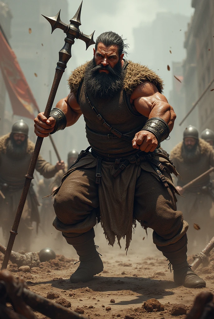 bearded man with using a flail