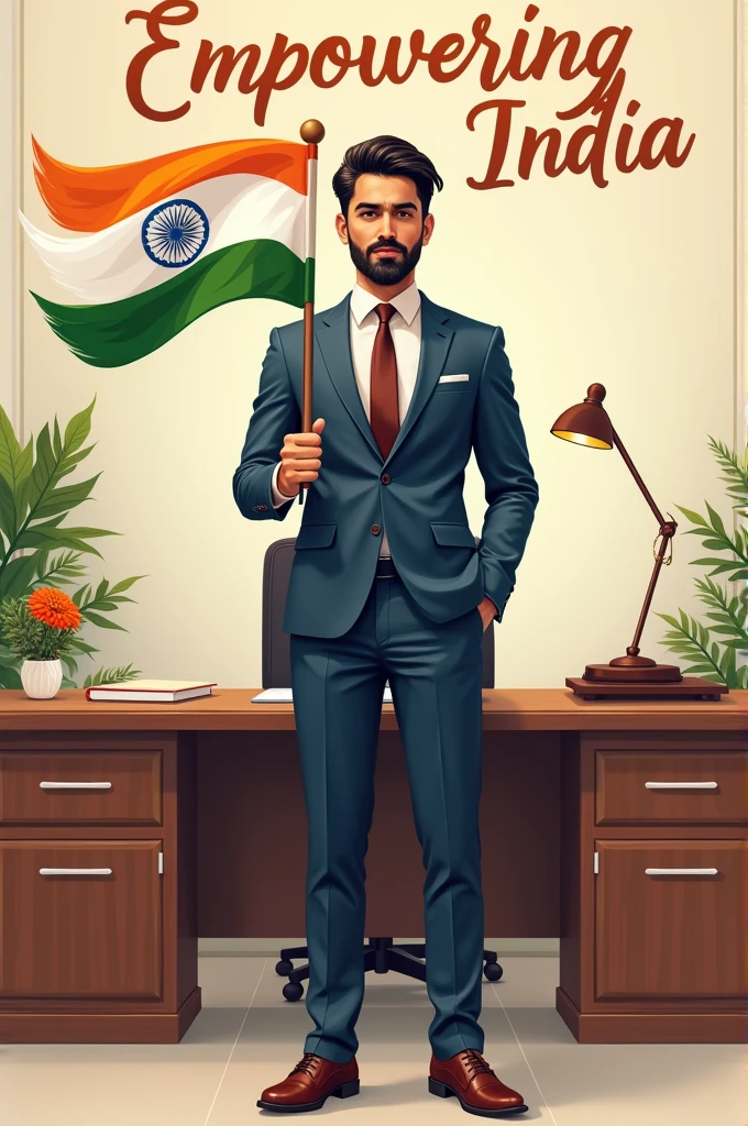 “Illustration of a professional Indian man in an office setting, wearing a smart suit with a touch of the Indian flag colors in her accessories. he’s holding a small Indian flag and standing in front of a desk with a festive Independence Day decoration. The text ‘Empowering India’ is displayed in elegant script at the top.”