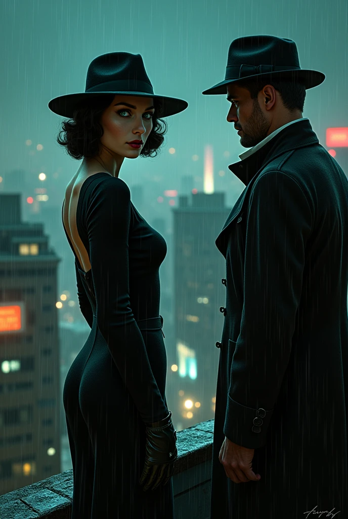 Film Noir Art Style: Aerial view of a rain-soaked 1940s cityscape at night, enveloped in deep shadows and mist. In the foreground, the femme fatale Evelyn (Physical Appearance: A striking woman in her late 20s with high cheekbones and a sharp jawline. Her pale skin contrasts starkly with her dark, piercing green eyes. Her lips are painted a deep crimson, set in a subtle smirk hinting at her dangerous allure.
Clothing: She wears a sleek, black, form-fitting dress reaching just below her knees, shimmering slightly under the dim city lights. A wide-brimmed hat is tilted elegantly, partially concealing her face in shadow, enhancing her enigmatic presence. Black high heels and tight-fitting satin gloves complete her attire.) is poised at the edge of a rooftop, ready to sprint. In the background, detective John (Physical Appearance: A rugged man in his mid-30s with a strong jawline and a five o'clock shadow. His piercing blue eyes exude unwavering determination. Weathered skin hints at a life spent on the streets.
Clothing: Dressed in a dark, double-breasted trench coat reaching his knees, flaring slightly as he moves. A classic black fedora with a tilted brim casts a shadow over his eyes. Worn leather gloves and polished, albeit scuffed, shoes complete his ensemble.) emerges from a doorway, eyes fixed on Evelyn. The city’s neon lights reflect off the wet rooftops, creating stark contrasts between light and shadow.