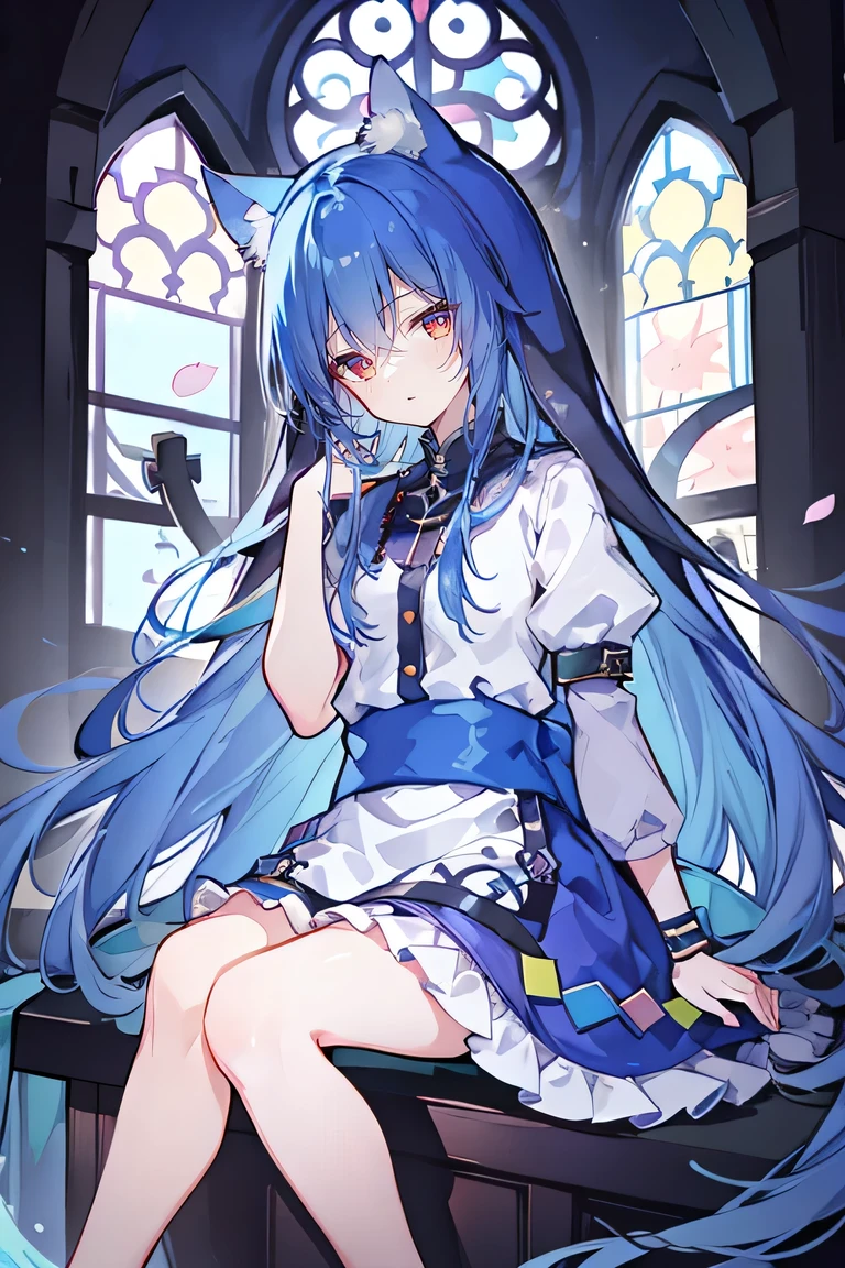 (masterpiece:1.2),Extremely detailed,Practical,expressive eyes,Fair skin,Perfect face shaping,1 Girl,
Japanese cartoons,Gorgeous blue hair, the long flowing blue hair,Floating clothes,Cat ears,Petals fall,beautiful lola,Young Angel,
Place your hands on your waist,sit elegantly on the ground,Cross your legs,Gentle and peaceful background,church,nun,Place your hand on your lips,Shy face。