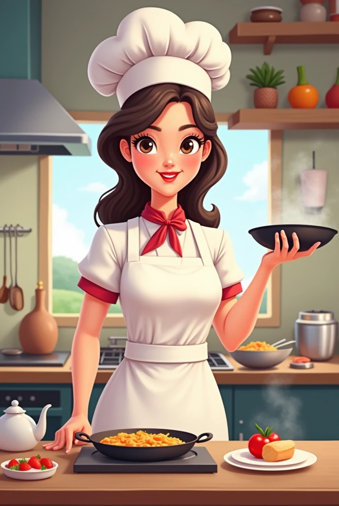 (Best Quality, Masterpiece), women's cooking, 1girl, 25 years old, stunning, cute, heartwarming smile, hourglass figure, wearing floral dress, pinny apron, beautiful food