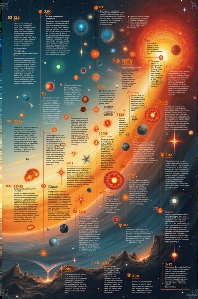 Here's how you can create a timeline with illustrations and text to show how elements form with the concept of atomic number:
### **Timeline Title: The Formation of Elements Across the Universe**
1. **Big Bang Nucleosynthesis (0-3 minutes after the Big Bang)**
- **Illustration:** A bright, hot explosion with tiny particles zooming out.
- **Text:**
- **Era:** Big Bang
- **Elements Formed:** Hydrogen (H, Atomic Number 1) and Helium (He, Atomic Number 2), along with trace amounts of Lithium (Li, Atomic Number 3).
- **Description:** In the first few minutes after the Big Bang, the universe was extremely hot and dense. Protons and neutrons collided to form the simplest elements. Hydrogen and helium became the building blocks for all other elements.
2. **Stellar Nucleosynthesis (Millions to Billions of Years)**
- **Illustration:** A star in the main sequence, with hydrogen atoms fusing into helium.
- **Text:**
- **Era:** Life of a Star (Main Sequence)
- **Elements Formed:** Helium (He, Atomic Number 2), Carbon (C, Atomic Number 6), Oxygen (O, Atomic Number 8)
- **Description:** Stars fuse hydrogen into helium in their cores. Over time, in more massive stars, helium atoms fuse to create heavier elements like carbon and oxygen. The atomic number increases as protons are added to the nucleus.
3. **Red Giant Phase (After Hydrogen Burning)**
- **Illustration:** A large red star expanding, with layers showing different fusion processes.
- **Text:**
- **Era:** Red Giant Phase
- **Elements Formed:** Neon (Ne, Atomic Number 10), Magnesium (Mg, Atomic Number 12), Silicon (Si, Atomic Number 14)
- **Description:** When a star exhausts its hydrogen, it expands and becomes a red giant. In its core, helium fuses into heavier elements like neon, magnesium, and silicon, further increasing the atomic number.
4. **Supernova Nucleosynthesis (End of Massive Stars)**
- **Illustration:** A star exploding in a supernova, sca
