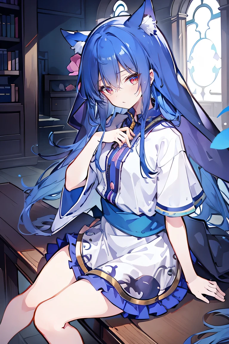 (masterpiece:1.2),Extremely detailed,Practical,expressive eyes,Fair skin,Perfect face shaping,1 Girl,
Japanese cartoons,Gorgeous blue hair, the long flowing blue hair,Floating clothes,Cat ears,Petals fall,beautiful lola,Young Angel,
Place your hands on your waist,sit elegantly on the ground,Cross your legs,Gentle and peaceful background,church,nun,Place your hand on your lips,Shy face。