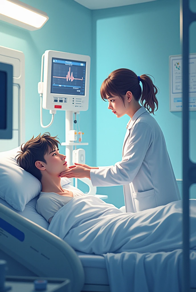Hospital room with doctor checking patient