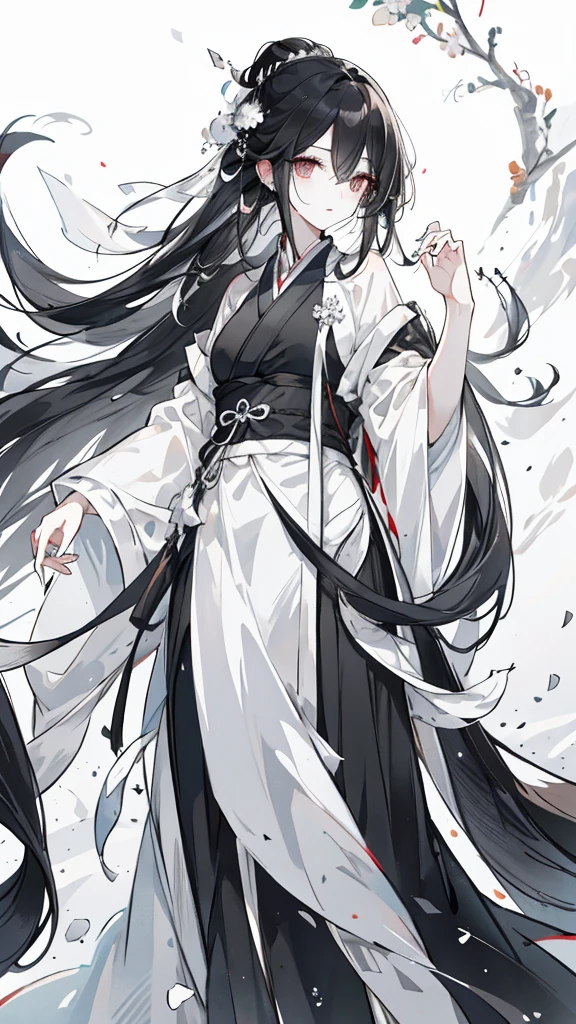 wagtail,Long black hair,Hair tips are white,Different colored eyes,The eyes are different color,The left eye is black,Right eye is silver,Black and white Hanfu