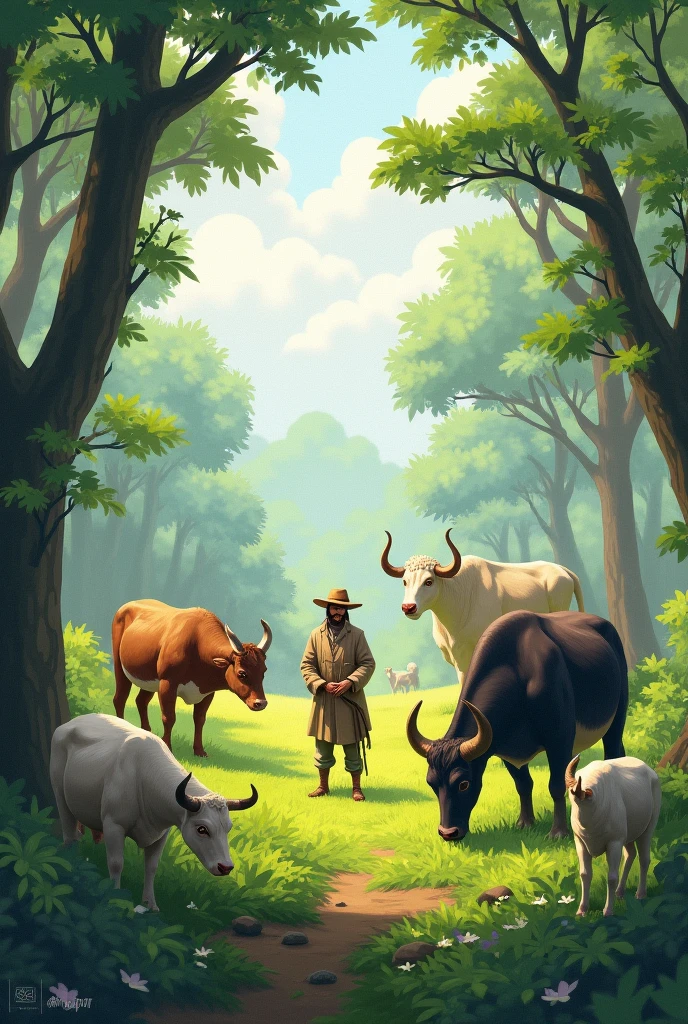 A beautiful cow goat buffalo and all animals grazing on beautiful grasslands neutral forest
With the shepherd very realistic