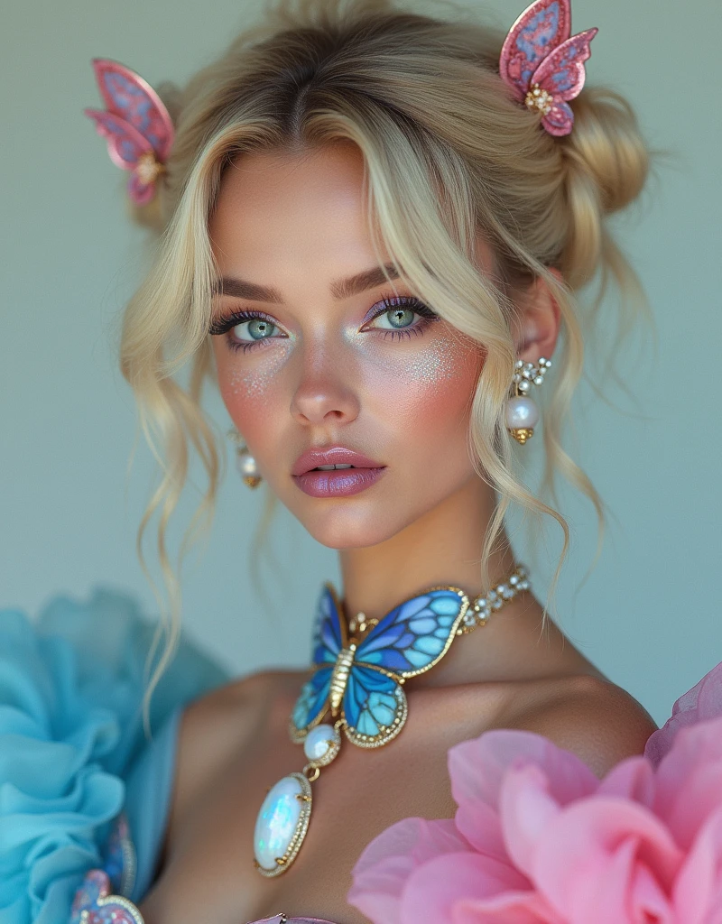 A photograph of an extremely beautiful anime blonde woman wearing intricate iridescent glitter makeup with blue and purple lips, wearing an ornate pastel rainbow fantasy gown with huge puffy sleeves and a large opal butterfly necklace, vintage style jewelry, with hyper realistic, hyper detailed, high definition photography in the style of a fashion magazine cover.
