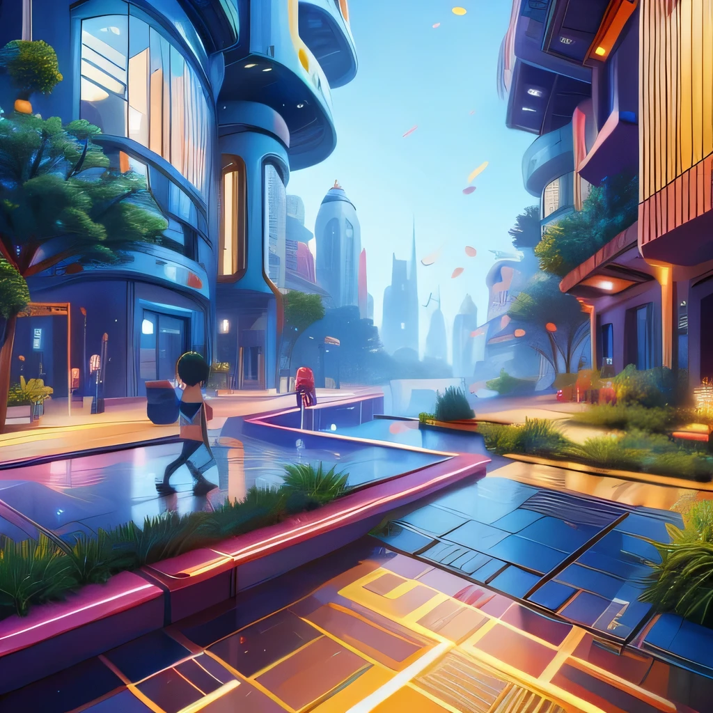 Child-friendly future city design，Ultra wide angle，Technology，Futuristic，Children's style，Disney style，two children playing，Playfulness，