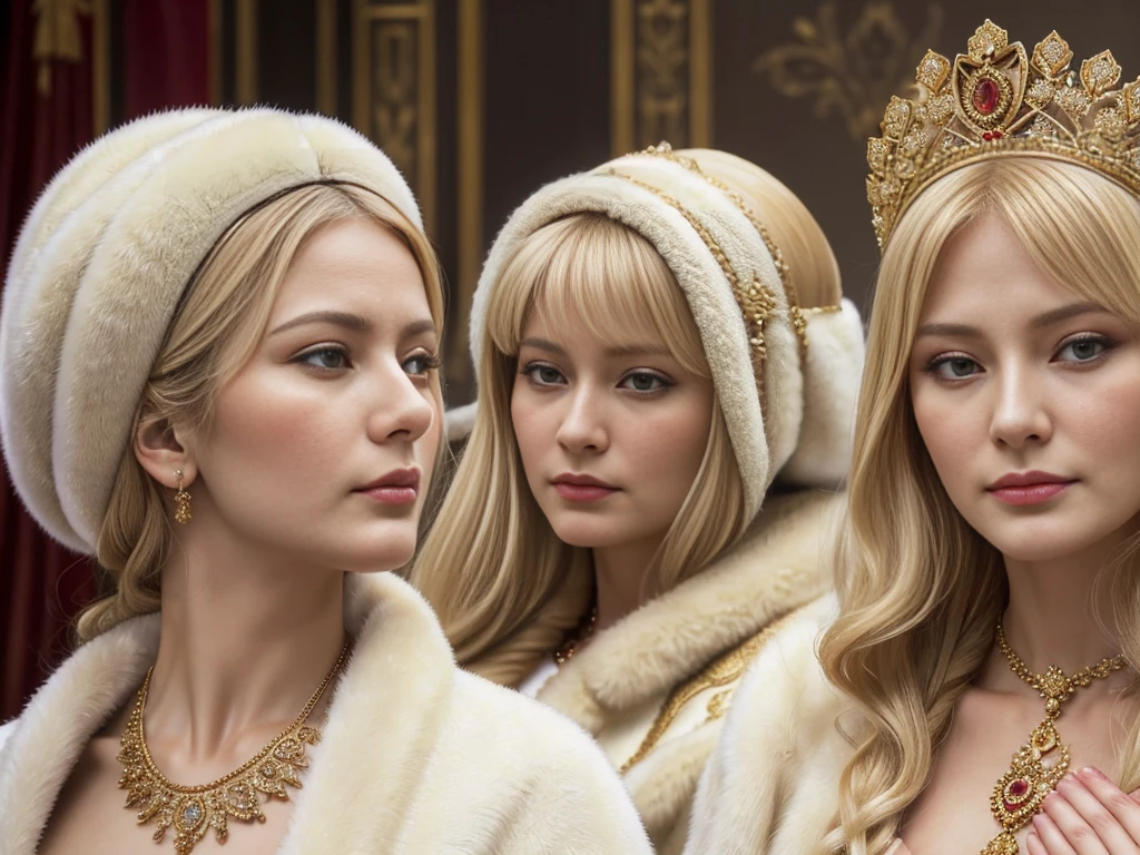 Russian women of the Imperial era、Russian lady in gorgeous dress、(((Blonde、Close-up of face)))(((palace)))fur cape、Watching the audience、(((Staring at the audience、Pair of women)))、Fur coat。