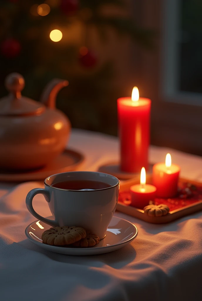 Mug, tea, Couple, red candle, candle light, dark, Table, white tablecloth, night, cookies, No people