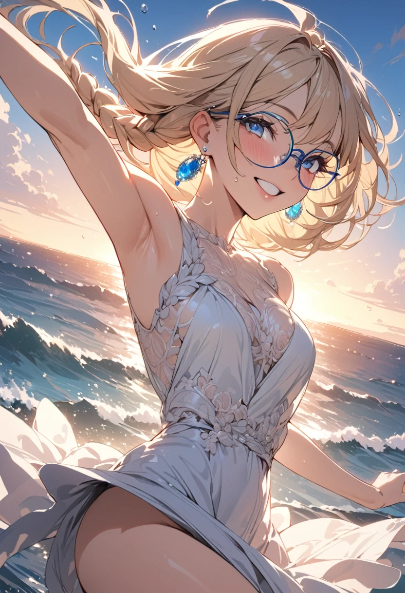 ((masterpiece)), ((best quality)), (ultra-detailed), ((extremely detailed)), 4K, (8K), best quality, (beautiful), illustration, ocean, evening, a pretty woman, solo, dress, beautiful blond hair, beautiful blue eyes, ((beautiful eyes)), braid hair, lip, hair ornaments, earrings, Happy Smile, wind effect,under-rim glasses, jumping
