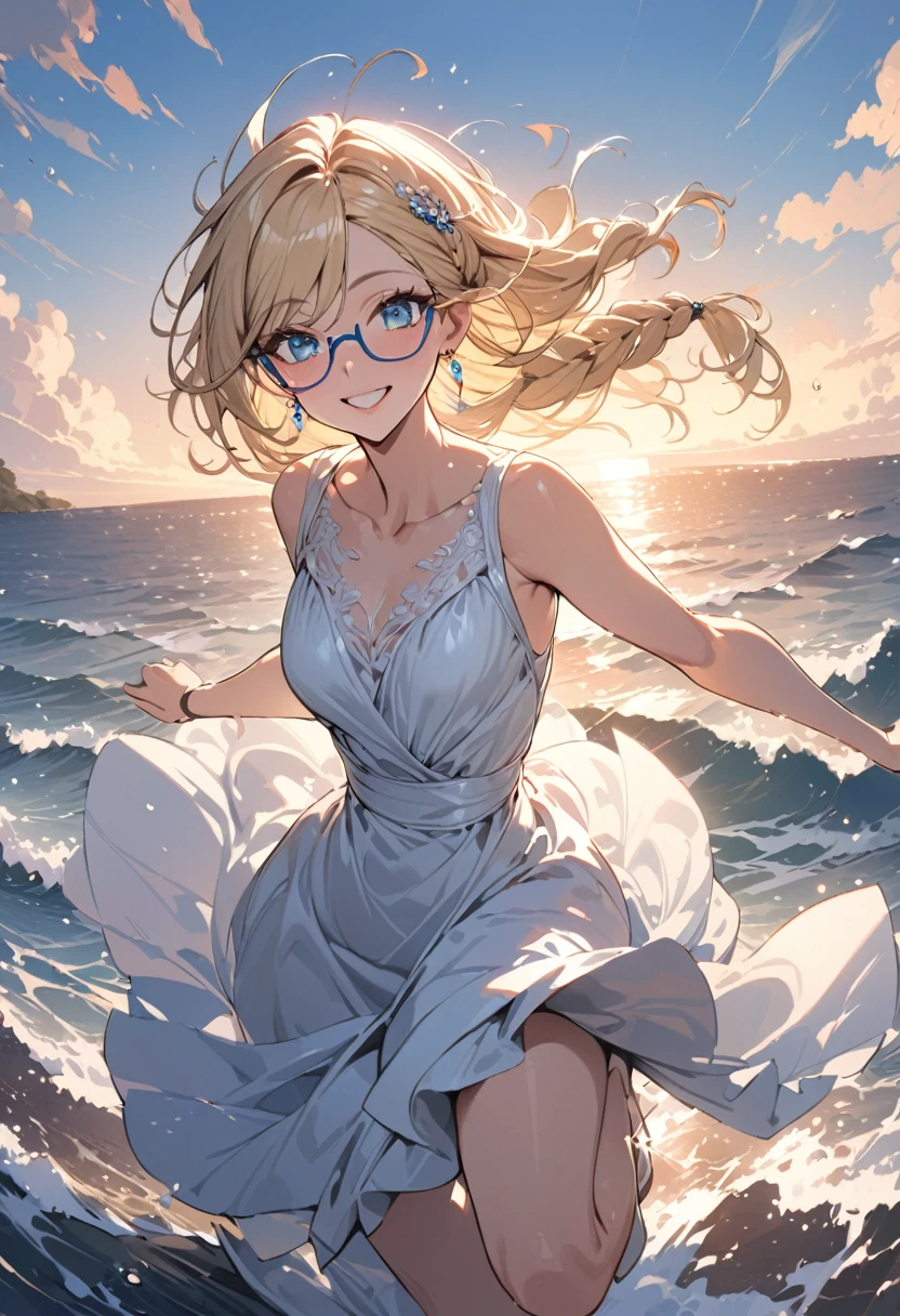 ((masterpiece)), ((best quality)), (ultra-detailed), ((extremely detailed)), 4K, (8K), best quality, (beautiful), illustration, ocean, evening, a pretty woman, solo, dress, beautiful blond hair, beautiful blue eyes, ((beautiful eyes)), braid hair, lip, hair ornaments, earrings, Happy Smile, wind effect,under-rim glasses, jumping
