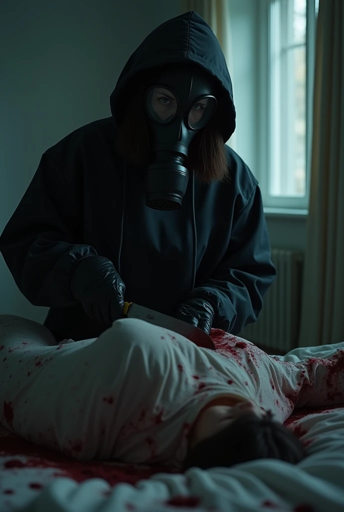 korean girl, (behind corpse, black gas mask), holding knife, stabbing, black gloves, room full of blood, black raincoat, plump girl, hood up, holding knife, black gloves, behind corpse, blood splatter, 20 years old, bed room, black wet suit, night, mass murderer, killer, robbery, dark atmosphere, cinematic lighting, atmospheric realistic, light from the window, close-up,
