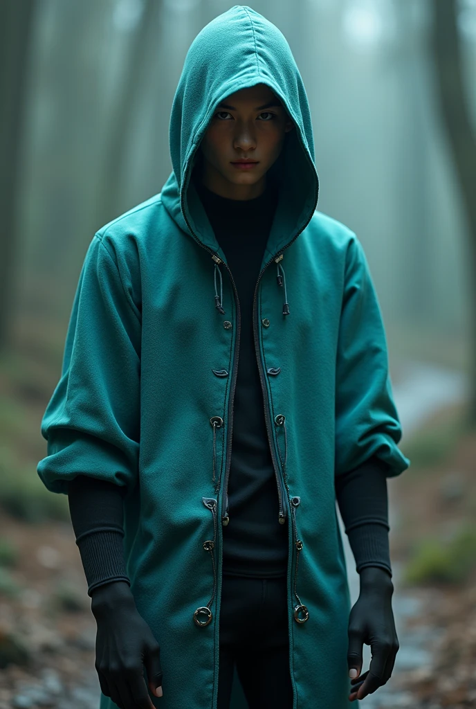 A man in black tights wearing a turquoise-colored hood shaped like Lake Biwa.