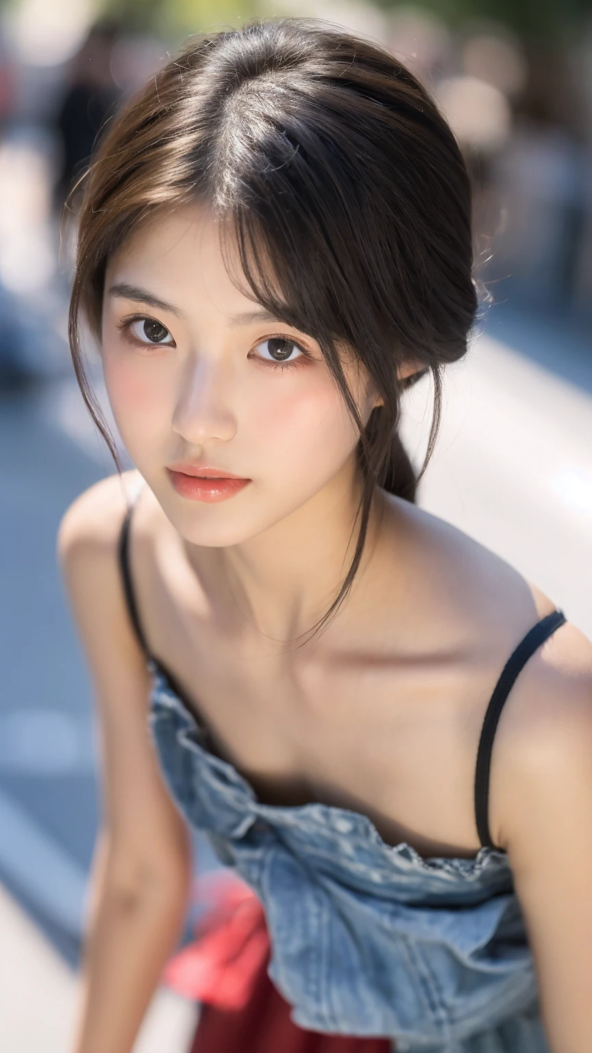 ((Best quality, 8k, masterpiece:1.3)),1girl,18 years old,Asian,Real texture:1.3,(Background blur:1.1),Dress,Tall and slender figure:1.2,(Hot summer weather),(street:1.3),Highly detailed face and skin textures,Exquisite eyes,Long eyelashes,Double eyelids,Skin Whitening,happy,Various lenses,Beautiful breasts