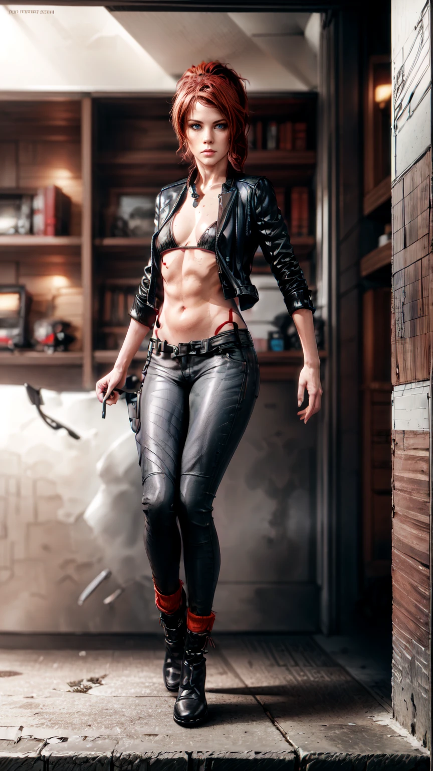 ((Courtney Hope)), red hair, asymmetrical hair, short ponytail, wavy hair, sidelocks, low ponytail, serious, Jesse Faden from video game "Control", Fitted Black motorcycle/bomber jacket 1/4 cropped, (tight, red micro bikini top under jacket), Skin tight black jeans, (strong glutes), matte black leather motorcycle boots, Slim but lightly toned build, Small bust, wide shot, from above, (looking over shoulder), (turned 3/4s away from camera:1.3), UHD, 16k, best quality, anatomically correct, accurate face, masterpiece, (full body portrait), set in a dishevelled office interior with white brutalist design and white walls