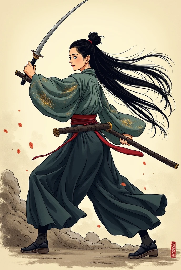Sengoku period illustration, woman, naginata, single layer, straight long hair